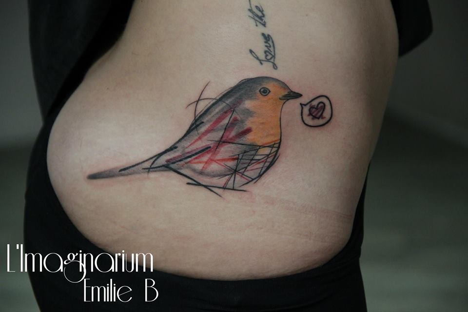 Abstract Bird Tattoo On Right Side Rib