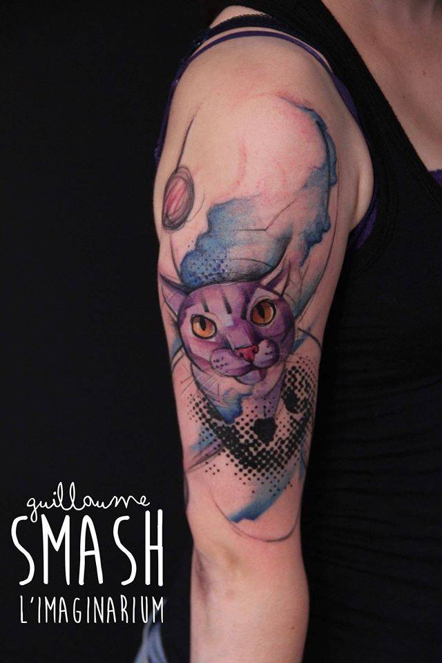 Abstract Cat Tattoo On Women Right Half Sleeve By Guillaume Smash