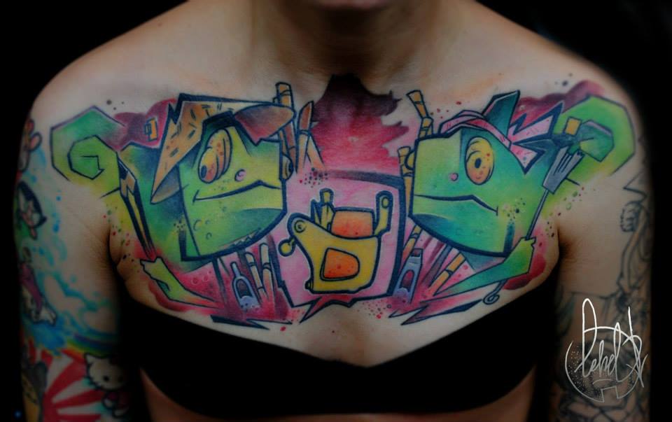 Abstract Chameleon Tattoo On Collarbone