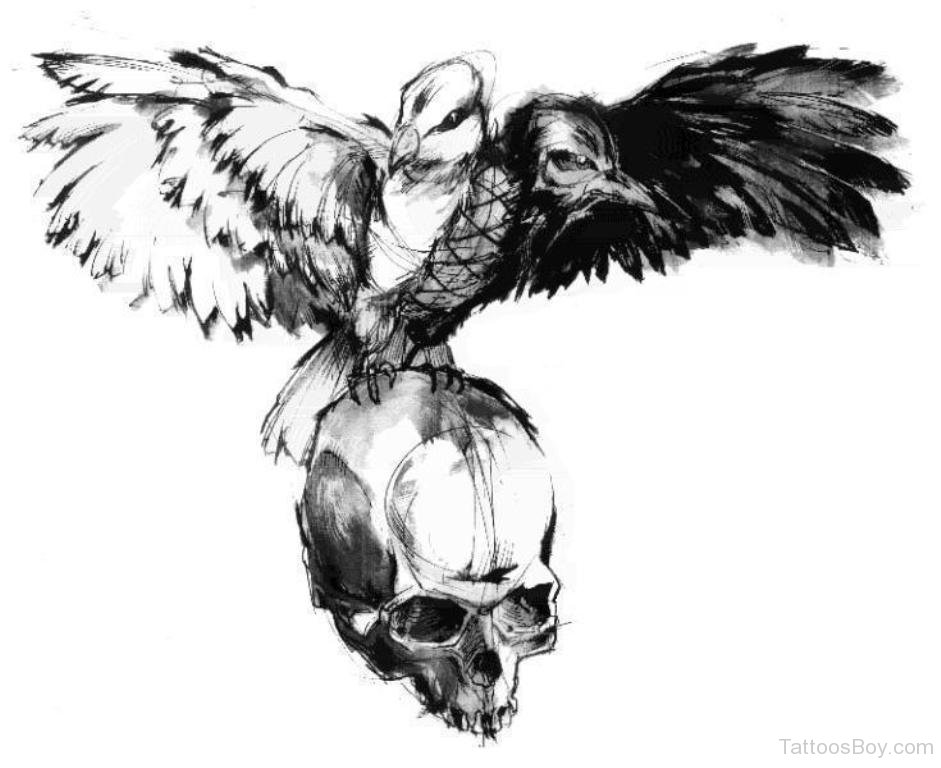 Abstract Crow On Skull Tattoo Design