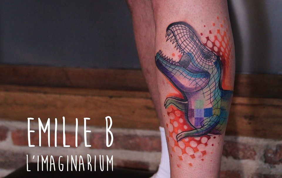Abstract Dinosaur Tattoo On Left Leg Calf by Emilie B