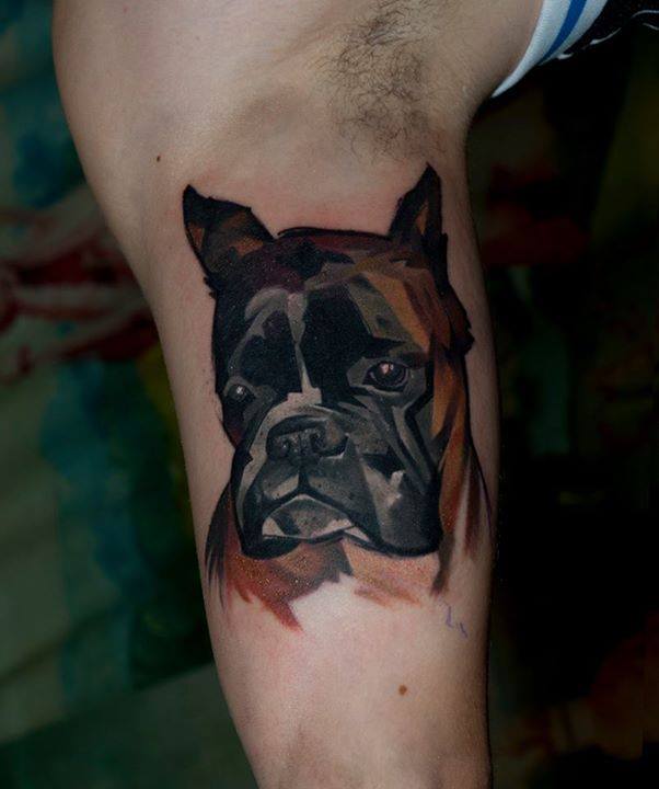 Abstract Dog Head Tattoo On Right Bicep By Matyas Csiga Halasz