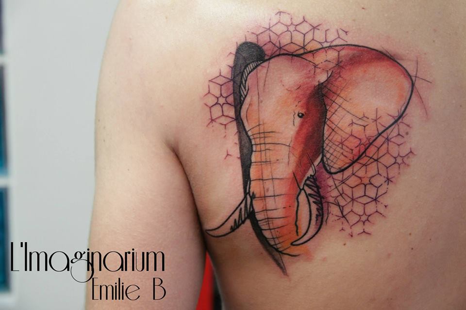 Abstract Elephant Head Tattoo On Man Left Back Shoulder by Emilie B