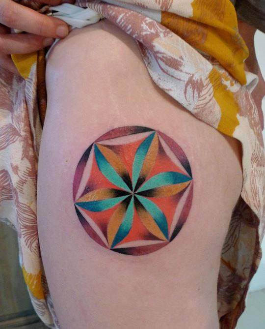 Abstract Flower Tattoo On Women Left Side Thigh By Mariusz Trubisz