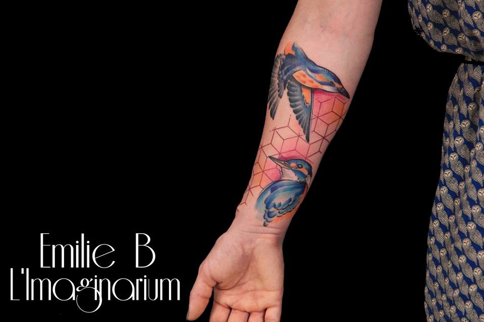 Abstract Flying Birds Tattoo On Right Forearm by Emilie B