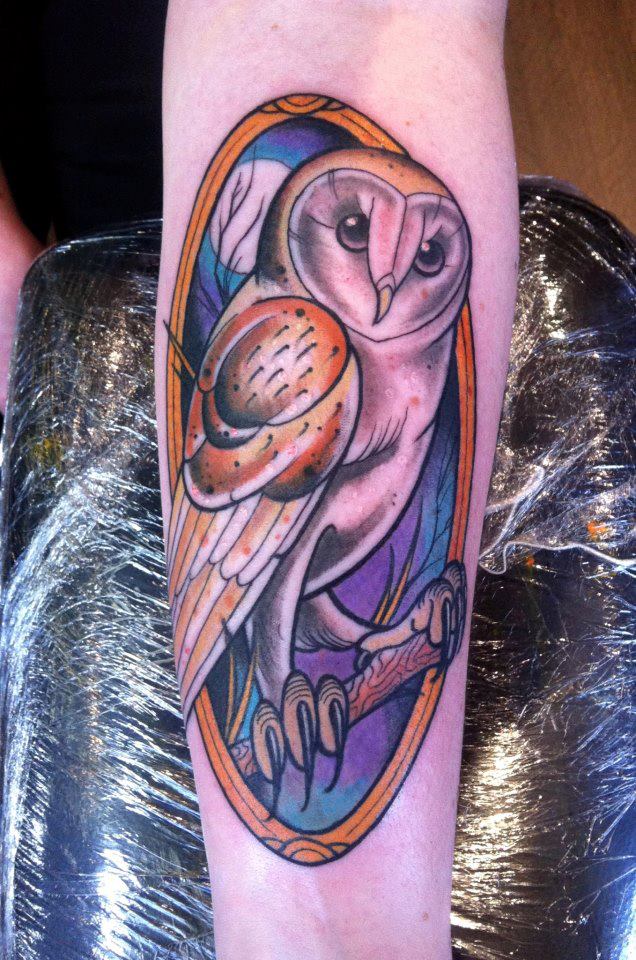 Abstract Owl In Frame Tattoo On Right Forearm By Joel P Blake