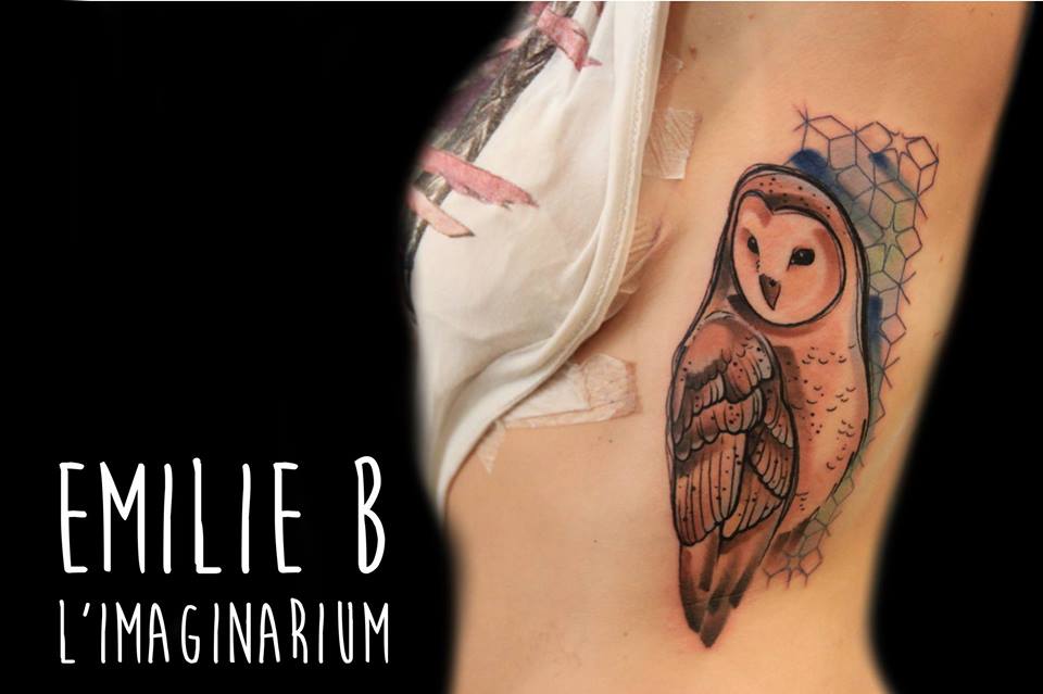 Abstract Owl Tattoo On Girl Left Side Rib by Emilie B