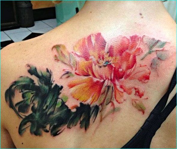 Abstract Peony Flowers Tattoo On Girl Upper Back