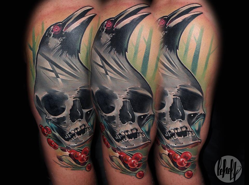 Abstract Skull With Crow Tattoo On Half Sleeve By Lehel Nyeste