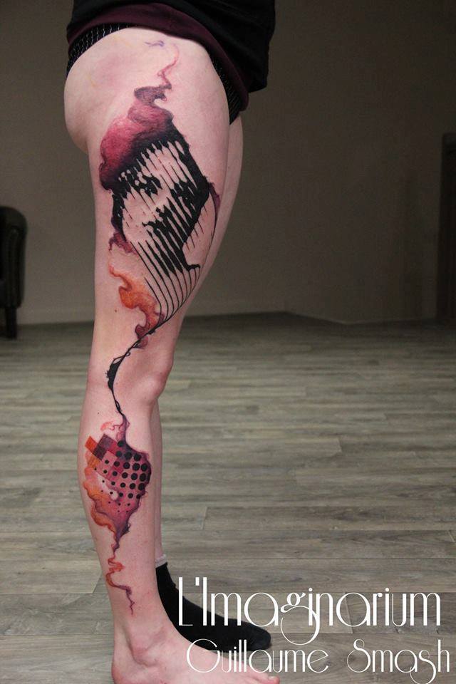Abstract Women Face Tattoo On Right Full Leg By Guillaume Smash