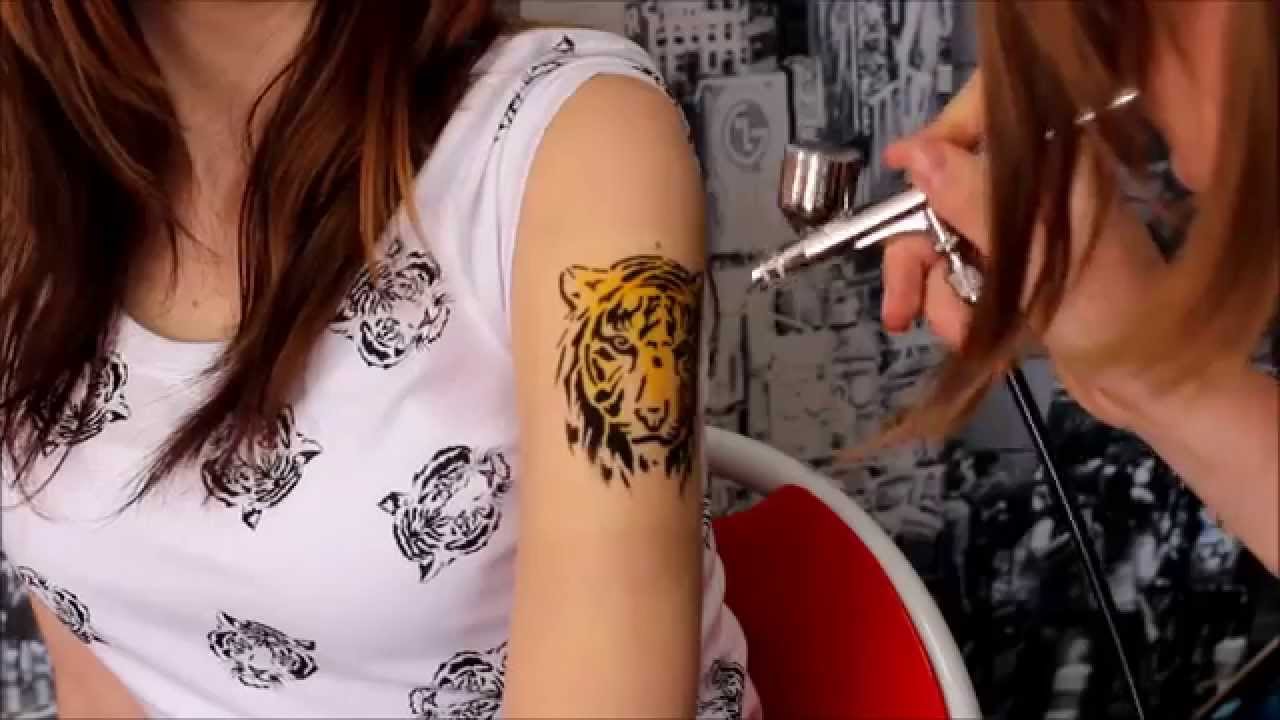 Airbrush Tiger Head Tattoo On Women Left Half Sleeve
