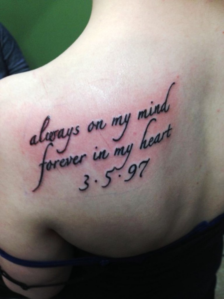 Always On My Mind Forever In My Heart Memorial Tattoo On Left Back Shoulder