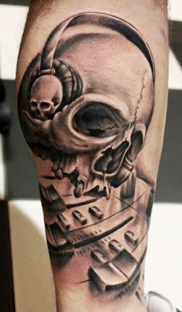 Amazing 3D Skull With Headphones Tattoo On Leg