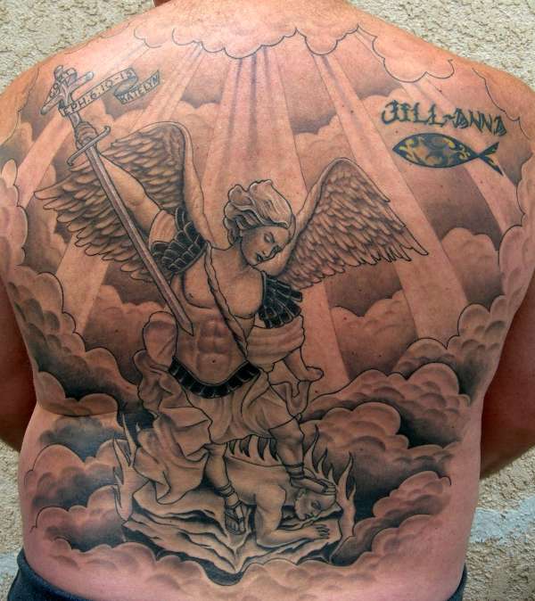 Amazing Black And Grey Archangel Michael Tattoo On Man Full Back