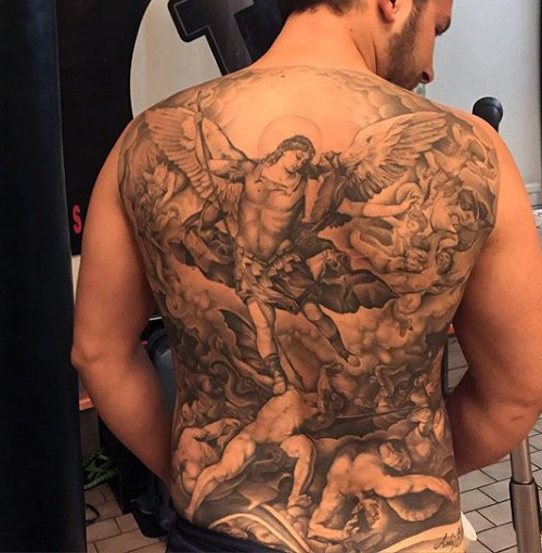 Amazing Black And Grey Archangel Michael Tattoo On Man Full Back