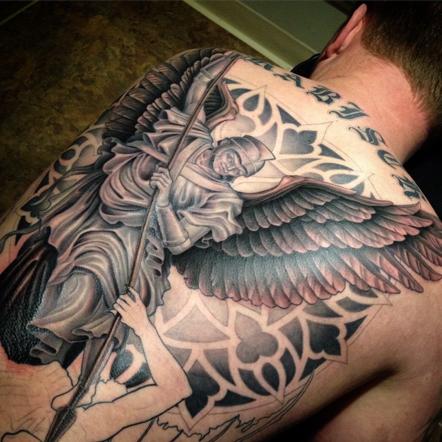 Amazing Black Ink Archangel Michael Tattoo On Man Full Back