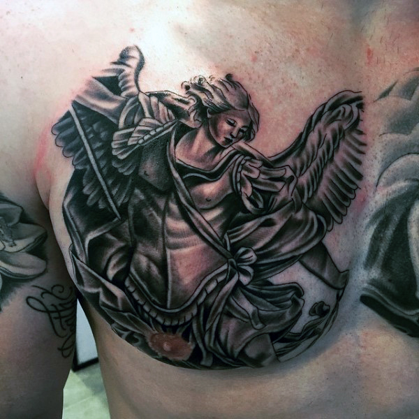 Amazing Black Ink Archangel Michael Tattoo On Man Right Chest
