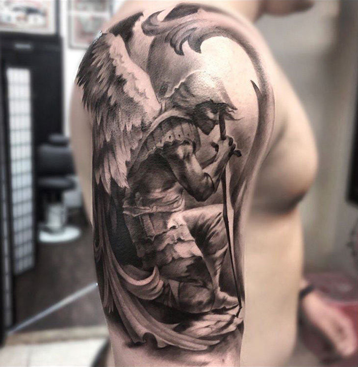 Amazing Black Ink Archangel Michael Tattoo On Man Right Half Sleeve