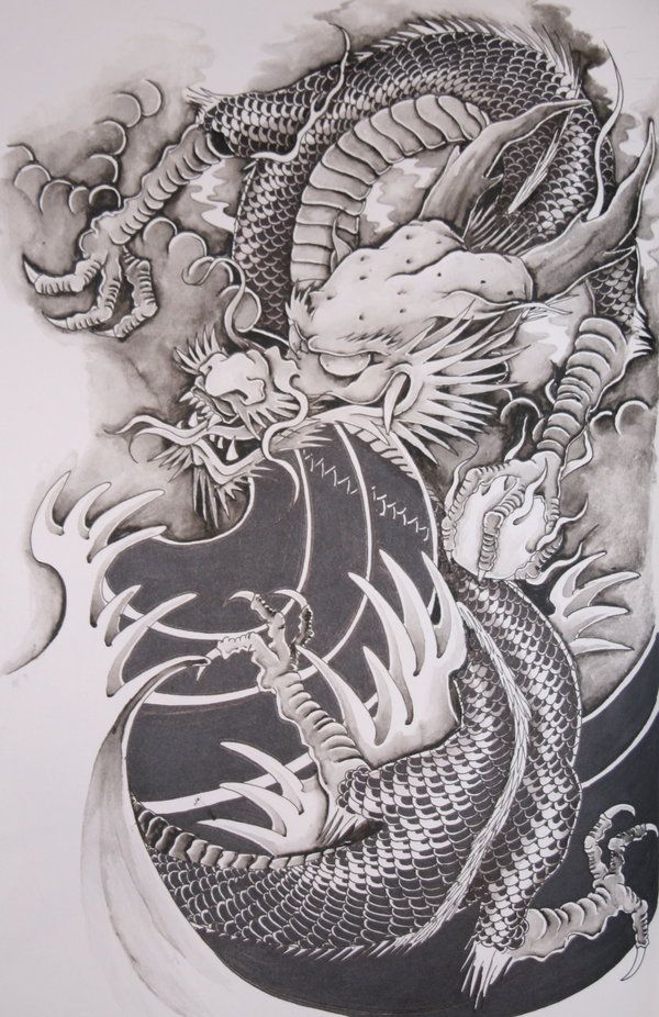 Amazing Black Ink Dragon Tattoo Design By Brokenpuppet86