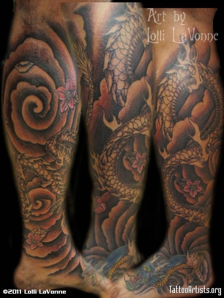 Amazing Black Ink Dragon Tattoo Design For Leg By Lavonne