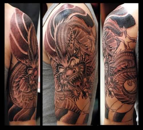 Amazing Black Ink Dragon Tattoo On Left Half Sleeve