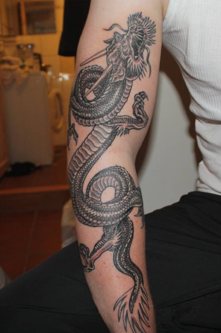 Amazing Black Ink Dragon Tattoo On Man Right Full Sleeve