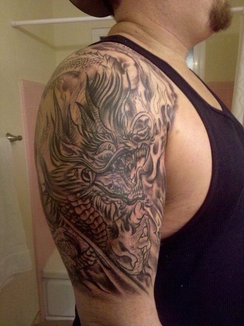 Amazing Black Ink Dragon Tattoo On Right Half Sleeve