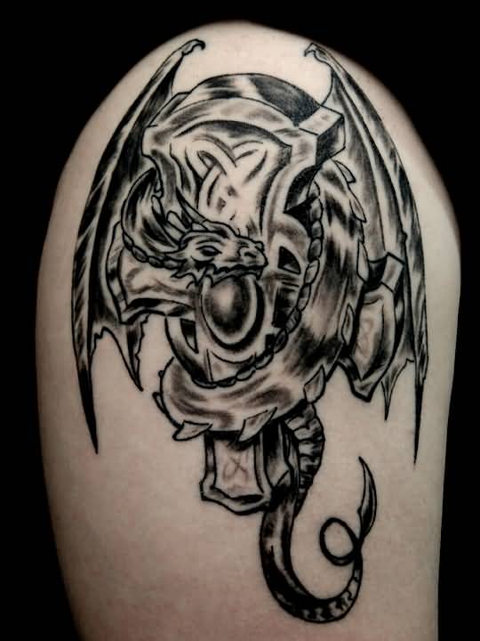 Amazing Black Ink Dragon With Cross Tattoo Design By Quickdraw