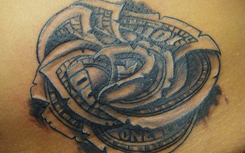 Amazing Black Ink Money Rose Tattoo Design
