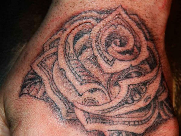 Amazing Black Ink Money Rose Tattoo On Hand