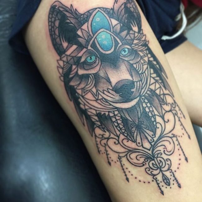 Amazing Blue Eyes Mandala Wolf Tattoo On Side Thigh