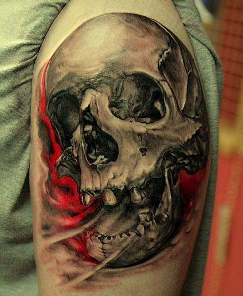 Amazing Grey Skull Tattoo On Man Left Shoulder