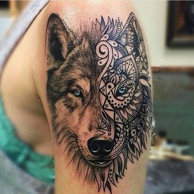 Amazing Mandala Wolf Tattoo On Left Shoulder