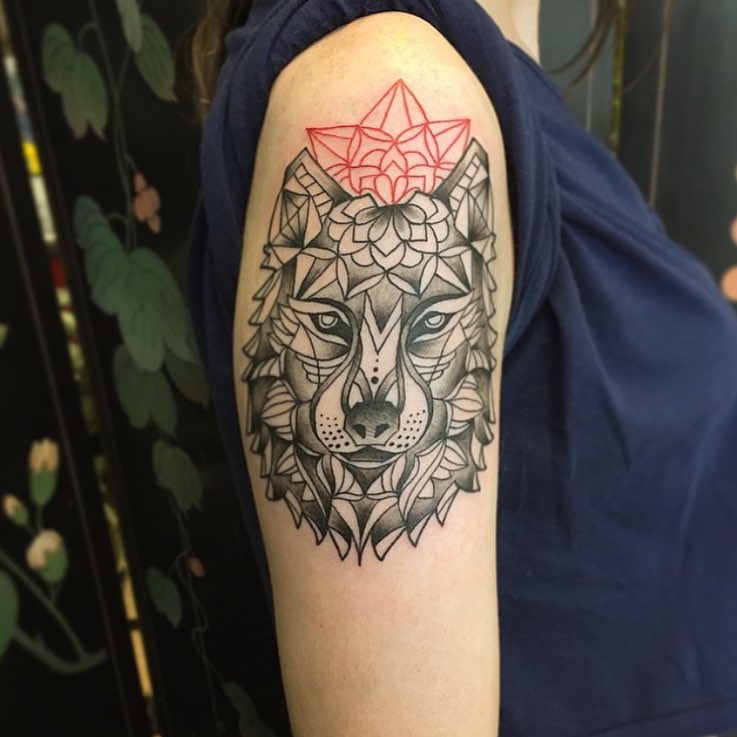 Amazing Mandala Wolf Tattoo On Right Shoulder