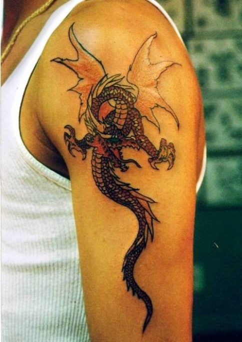 Amazing Traditional Dragon Tattoo On Man Left Half Sleeve