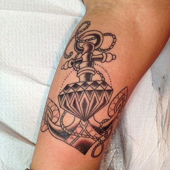 Anchor With Diamond Tattoo On Leg