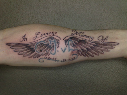 Angel Wings Loving Memory Tattoo On Arm Sleeve