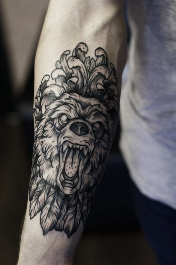 Angry Wolf Head Tattoo On Forearm For Men