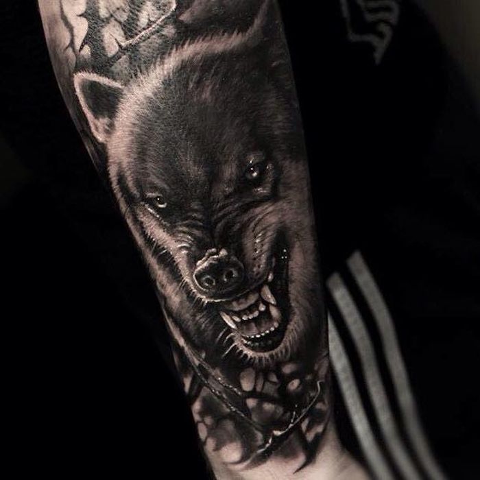 Angry Wolf Head Tattoo On Sleeve