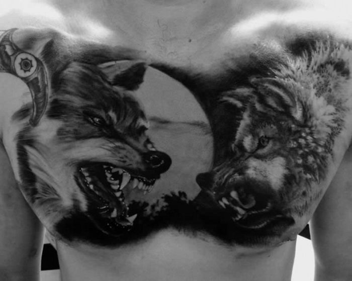 Angry Wolf Head Tattoos On Chest