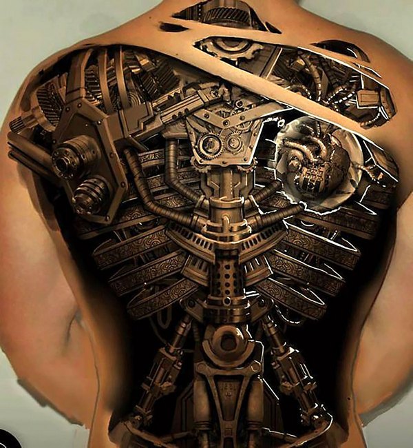 Attractive 3D Biomechanical Tattoo On Man Full Back