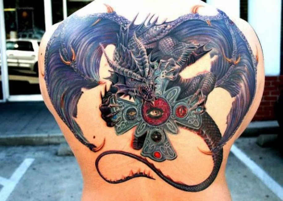 Attractive 3D Dragon With Cross Tattoo On Man Full Back
