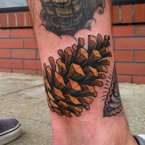Attractive 3D Pine Cone Tattoo On Right Leg