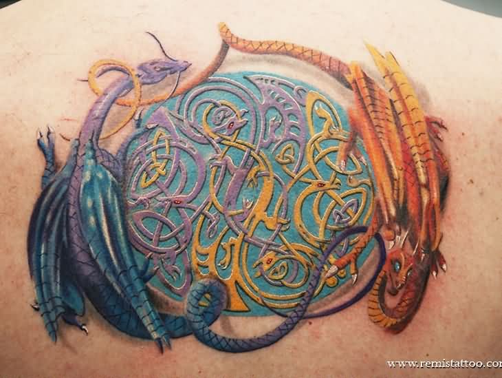 Attractive 3D Two Dragons Tattoo On Upper Back