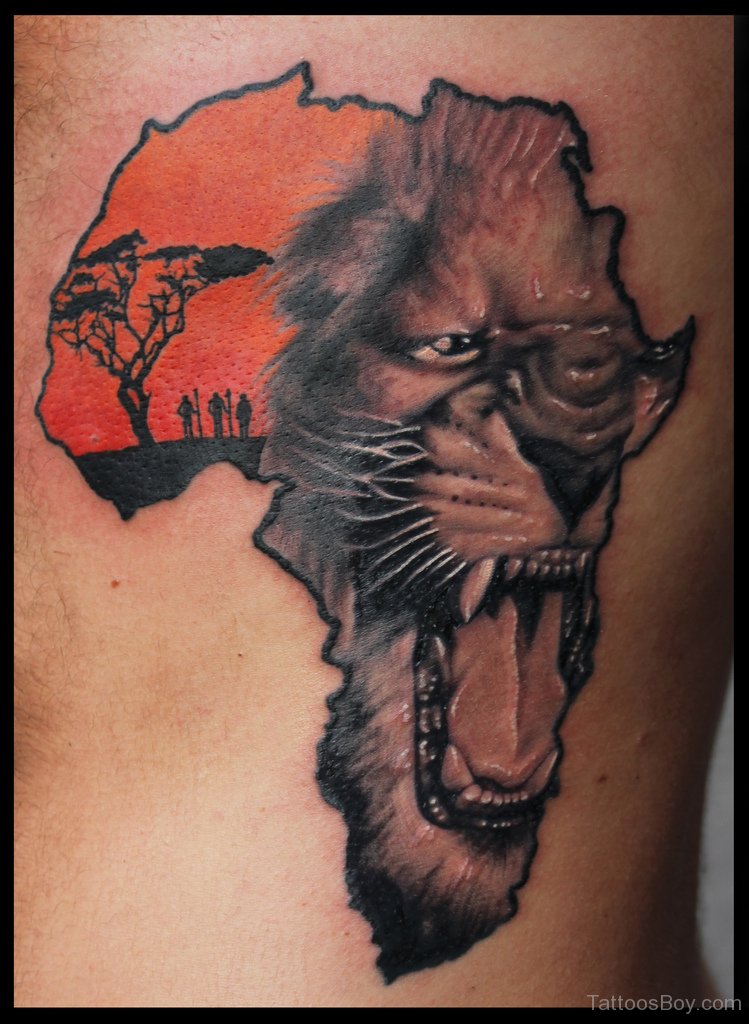 Attractive African Lion Head In Africa Map Tattoo Design For Side Rib