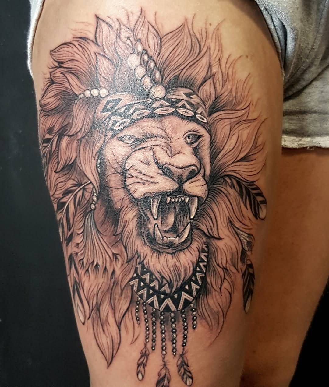 Attractive African Lion Head Tattoo On Right Thigh
