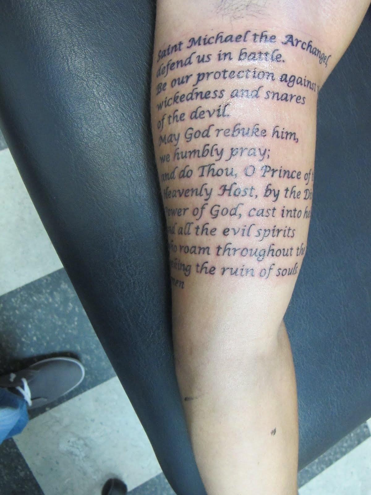 Attractive Archangel Michael Prayer Tattoo On Half Sleeve
