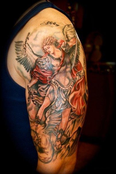 Attractive Archangel Michael Tattoo On Man Left Half Sleeve