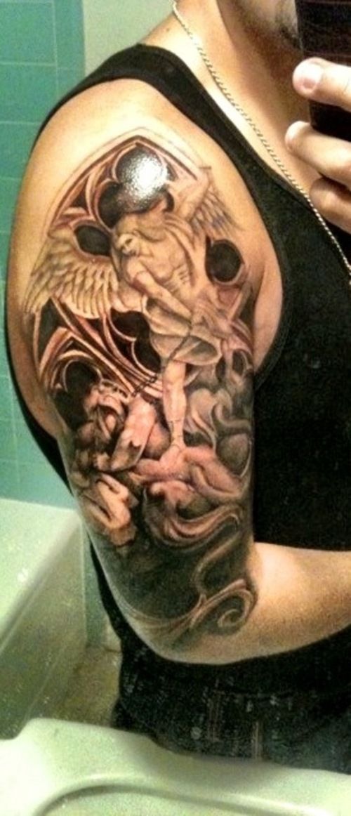 Attractive Archangel Michael Tattoo On Man Right Half Sleeve