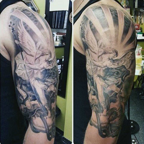 Attractive Black And Grey Archangel Michael Tattoo On Man Left Half Sleeve